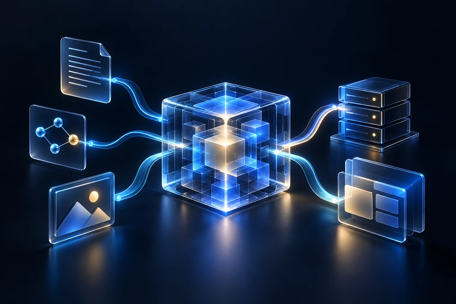 Conceptual AI orchestration core connecting business data, agents and deployment infrastructure